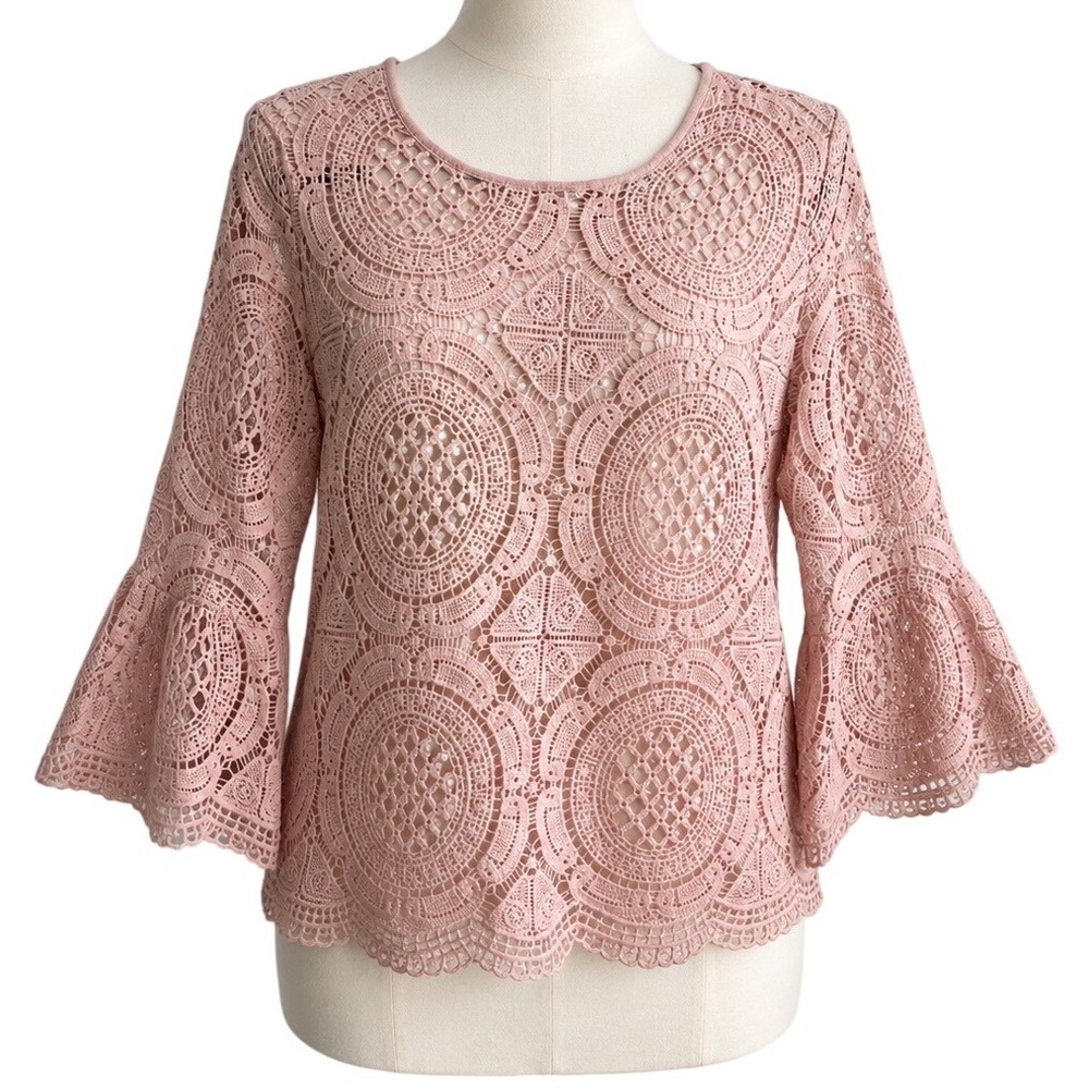 INC International Concepts Womens Pink Crochet Lace Bell Sleeve Blouse Top L